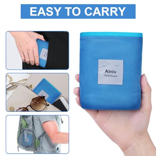 Ainiv Mini Pocket Waterproof Beach & Picnic Blanket 55.1 x 70.8 Inches for 3-5 People, Blue