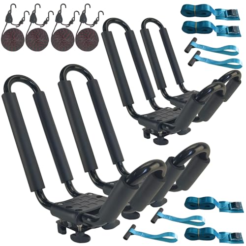 Heavy Duty Kayak Rack - 2 Pairs J-Bar Carrier with Tie-Down Straps
