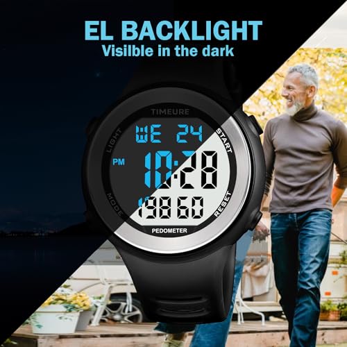 Pedometer Watch for Walking - No Charging, EL Backlight - Black