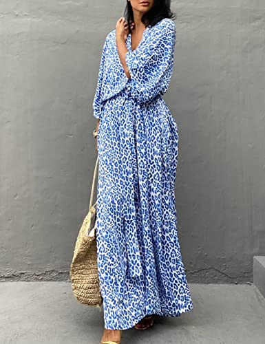 Bsubseach Leopard Blue Kaftan Beach Cover-Up Dress, One Size