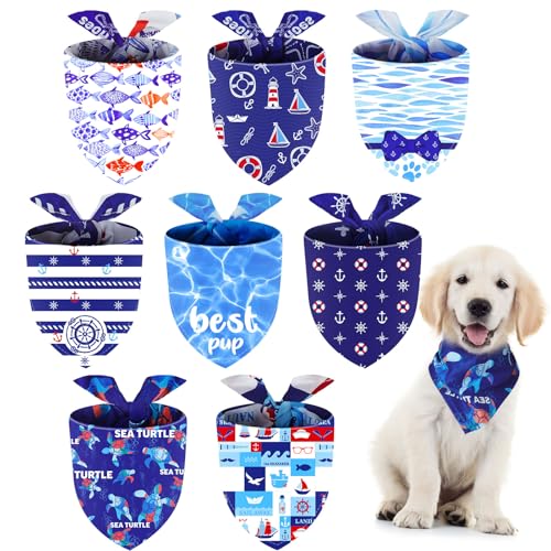 8 Pcs Nautical Dog Bandanas - Summer Ocean Style Scarf Set