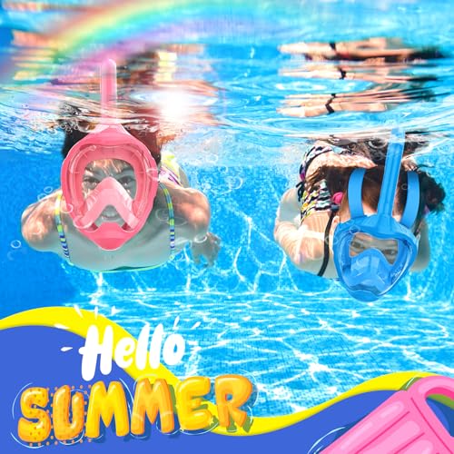 Kids Full Face Snorkel Mask Pink & Blue XS - 180° Panoramic View Anti-Fog & Leakproof