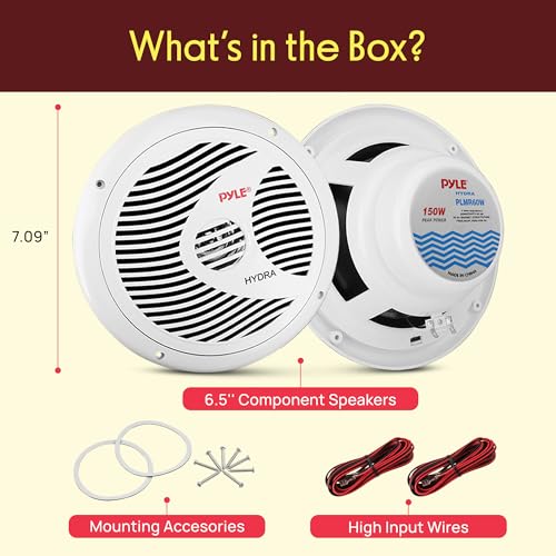 Pyle 6.5 Inch Dual Marine Speakers 2-Way Waterproof Outdoor Audio System PLMR60W (White) - 150W, Polypropylene Cone