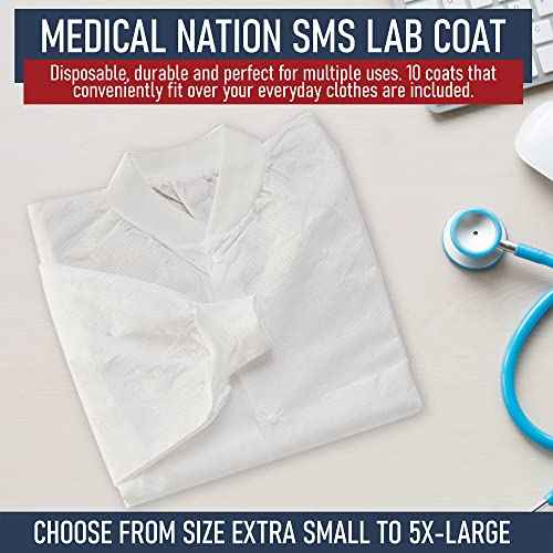 Pack of 10 Disposable Lab Coats - White - With 3 Pockets and Soft Knit Cuffs & Collar | SMS Unisex Knee Length Medical Lab Jacket, For Hospitals, Pharmacies, Labs, Dental Clinics, Painting - Medium