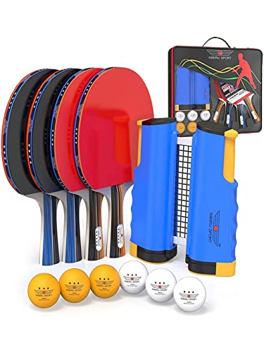 Professional Ping Pong Paddle Set with 4 Paddles, Net & 6 Balls