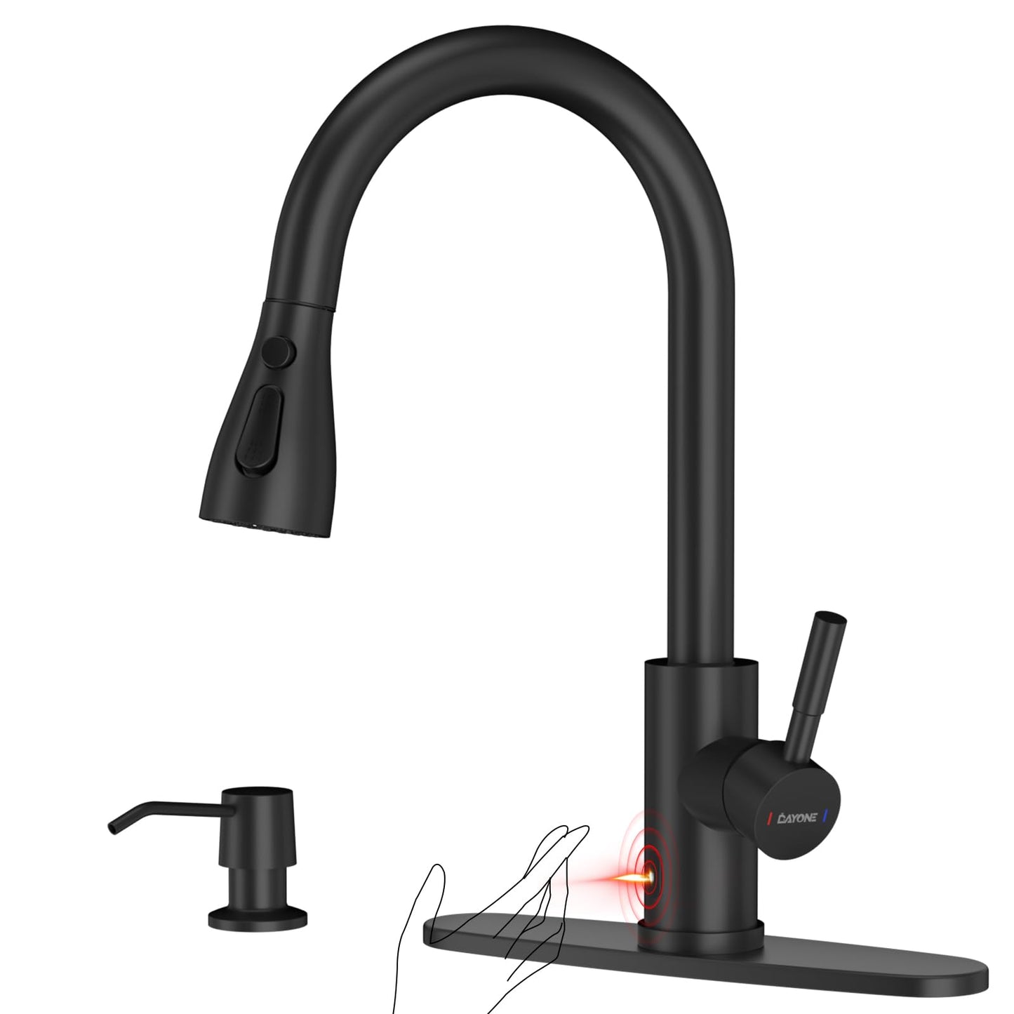 DAYONE Touchless Kitchen Sink Faucet with Pull Down Sprayer and Soap Dispenser, Black 3 Modes Motion Sensor Hands-Free Single Handle Touch Faucet for Kitchen Sink High Arc