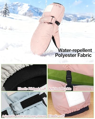 Waterproof Kids Winter Snow Mittens - Pink, 10.2x4.3in