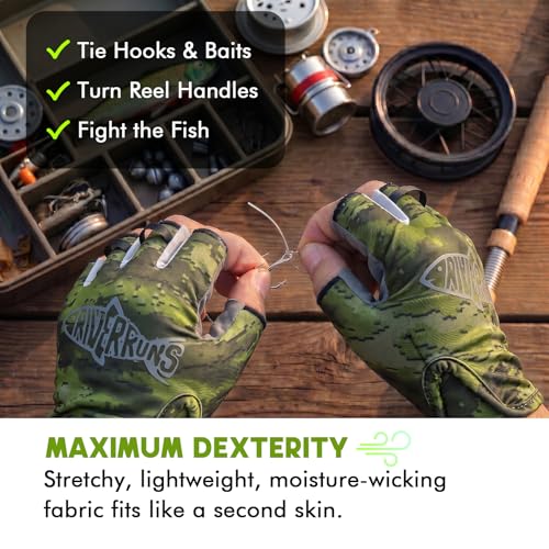 Fingerless Fishing Gloves - Shortened Wrist UPF50+ - Camo Green - Lightweight & Breathable