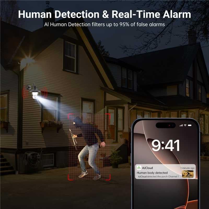 360° PTZ Light Bulb Camera - 3MP WiFi Security Camera with Night Vision & AI Detection