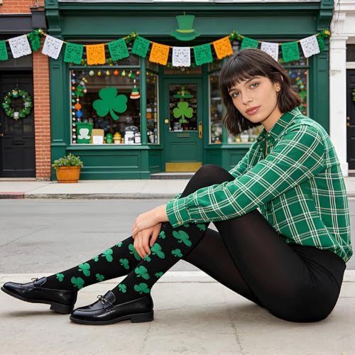 Women's Knee High Compression Socks - Shamrock Print - Large Black Green
