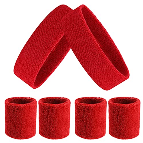 Red Sweatband Set - 6 Piece Headband & Wristband Set