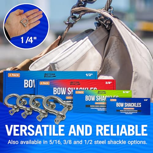 Better Boat 1/4 Inch Marine Grade Stainless Steel D-Ring Shackles - 4 Pack