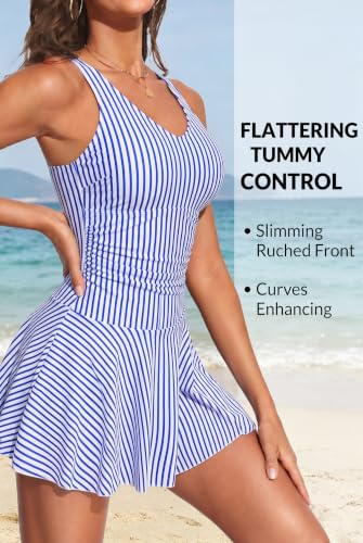 Tummy Control One Piece Swimdress Womens Ruched Vintage Swimsuit Skirt