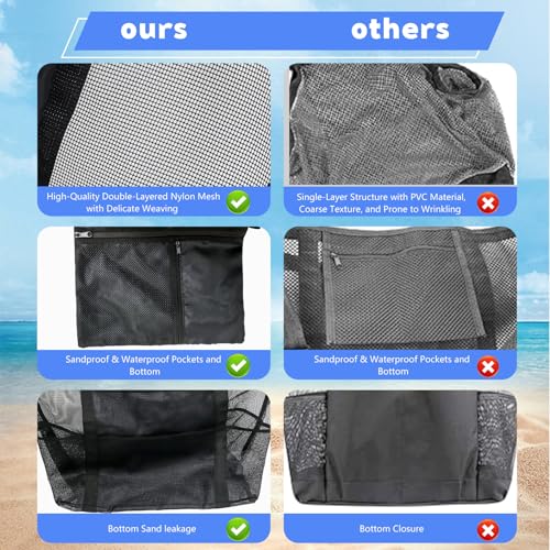 Large 40L Mesh Beach Bag Tote with Multiple Pockets - Black