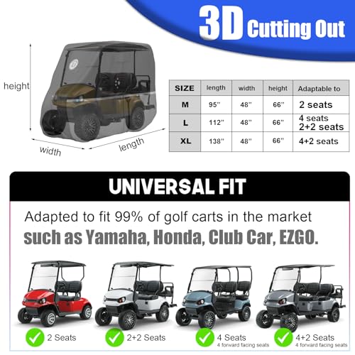 Heavy Duty Golf Cart Cover - Waterproof, Windproof for 2+2/4 Passengers - Black Gray