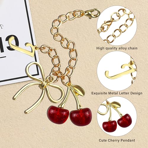 Initial Letter Charm for Tumbler Handle with Gold Bow and Red Cherries - J