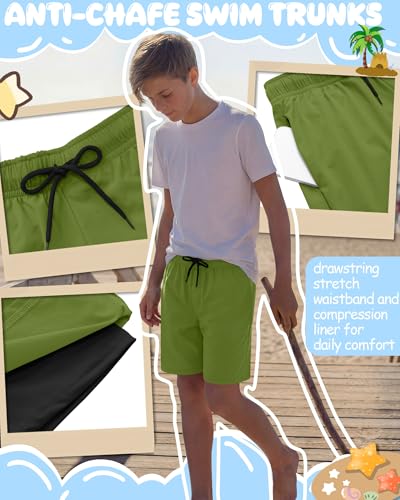Boys Swim Trunks with Compression Liner - Grass Green, 13-14 Years