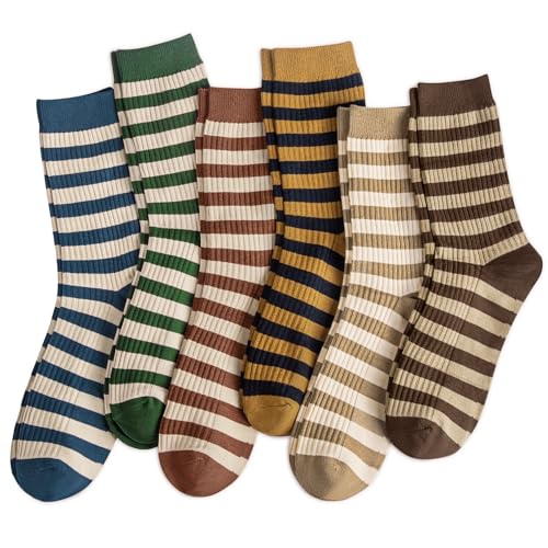 6 Pairs Women's Striped Crew Socks - Blue, Green, Yellow, Red, Dark Coffee, Light Coffee