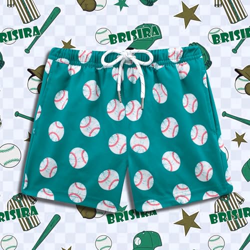 BRISIRA 10-12 Years Boys Swim Trunks - Green White Baseball Pattern Anti-Chafe Compression Boxer Brief Liner