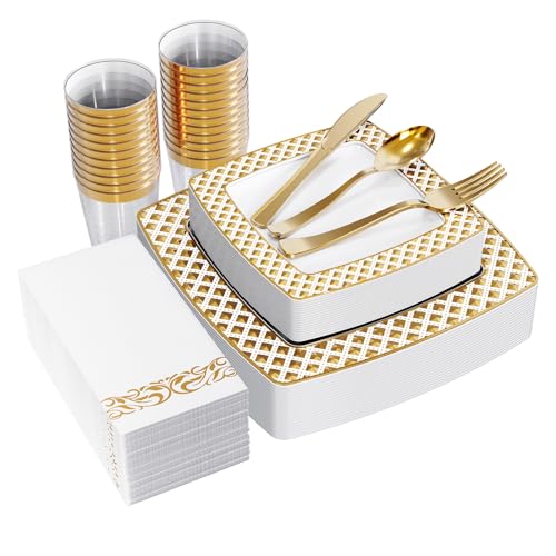 FOCUSLINE Gold Diamond Rim Square Disposable Dinnerware Set for 25 Guests, 175 Pieces