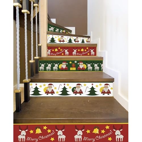 AMAZING WALL Peel and Stick Removable Christmas Party Decoration Santa Tree Reindeer Risers Stairs Self Adhesive Wall Sticker Set 6 PCS