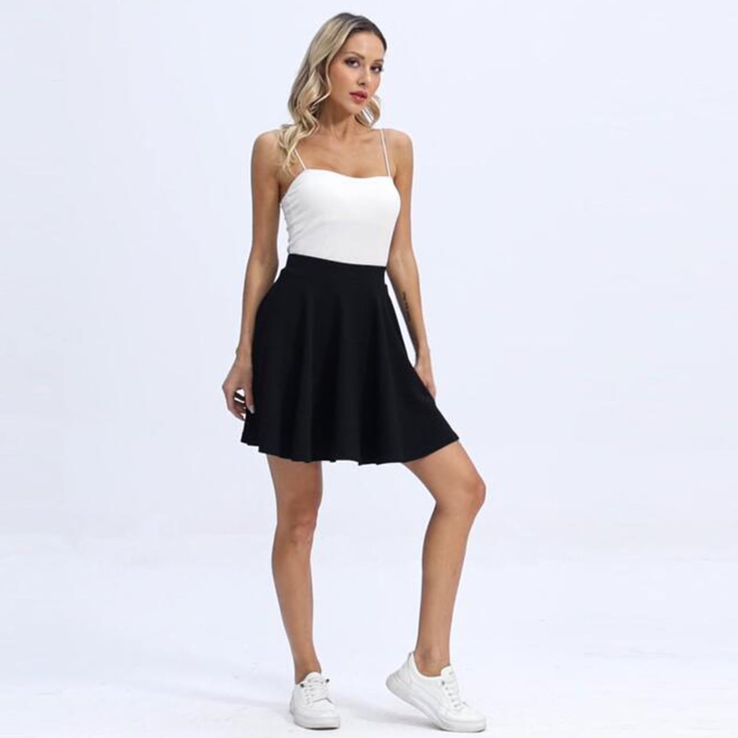 THHGPO Women's Casual Basic Skirts Flared Skater Mini Skorts A Line Elastic Waist Skirt with Built-in Shorts Black XXL