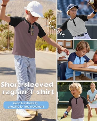 Boys Raglan T-Shirts - 3 Pack, Light Blue/Navy Blue, Gray Purple/Black, 11-12 Years
