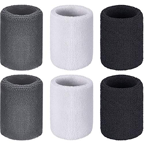 Wrist Sweatbands - Absorbent Sports Bands for Basketball, Tennis, Running - Pack of 6 - Black, White, Gray