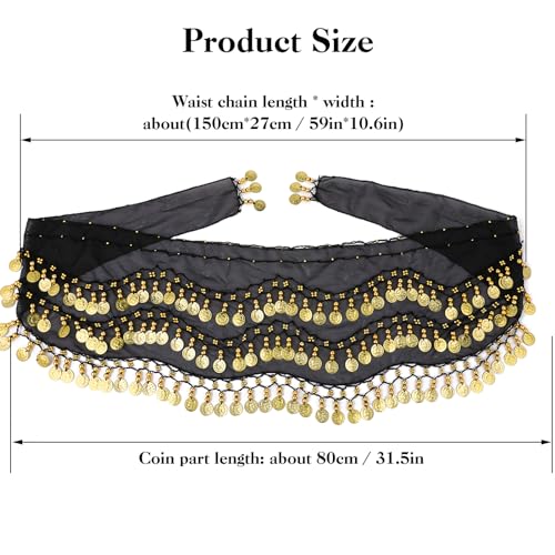 Belly Dance Hip Scarf Wrap with Coins - Black Chiffon