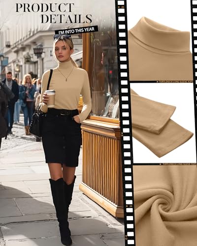 Neer Women's Cotton Turtleneck Long Sleeve Thermal Tops 3-Pack - Apricot, Khaki, Brown, Medium