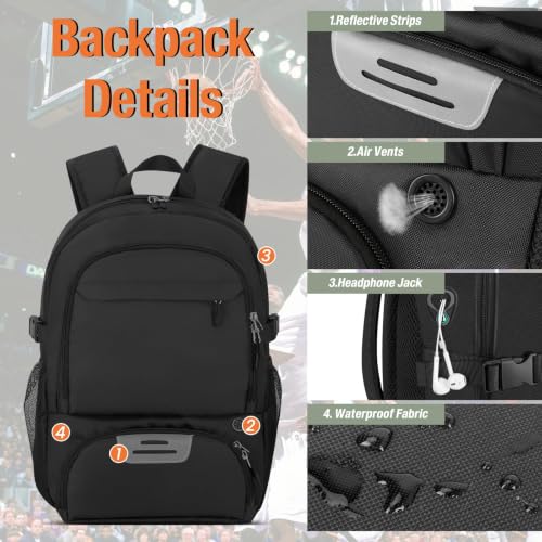 OCKLILY Large Sports Equipment Backpack with Ball & Shoe Compartments - Black, 30L