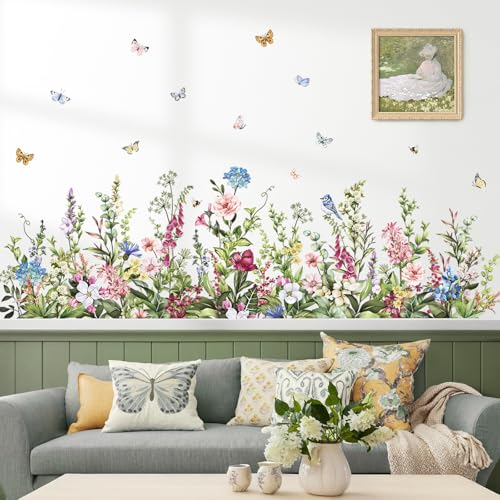 wondever Wildflower Grass Butterflies Wall Corner Stickers Garden Floral Baseboard Skirting Line Peel and Stick Wall Art Decals for Bedroom Living Room Sofa