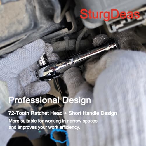 3/8-Inch Drive Ratchet Wrench, 72-Tooth Stubby Quick-Release Socket Wrench with a Extension Bar(5 inch), Reversible Switch, Chrome Alloy Made, Full-Polished Chrome Plating