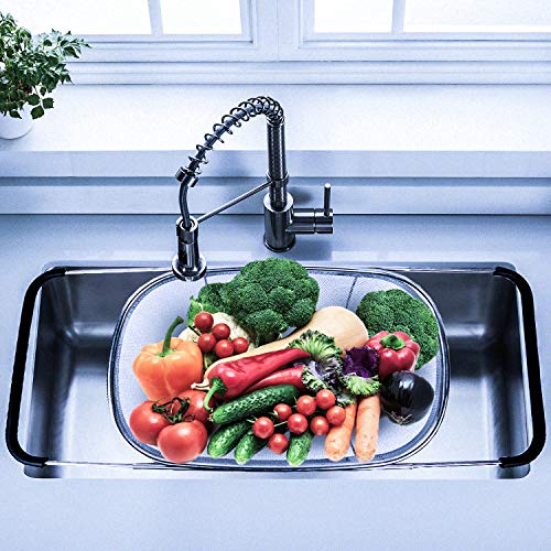 Over the Sink Colander Stainless Steel with Expandable Rubber Handles, Fine Mesh Strainer for Fruits & Vegetables