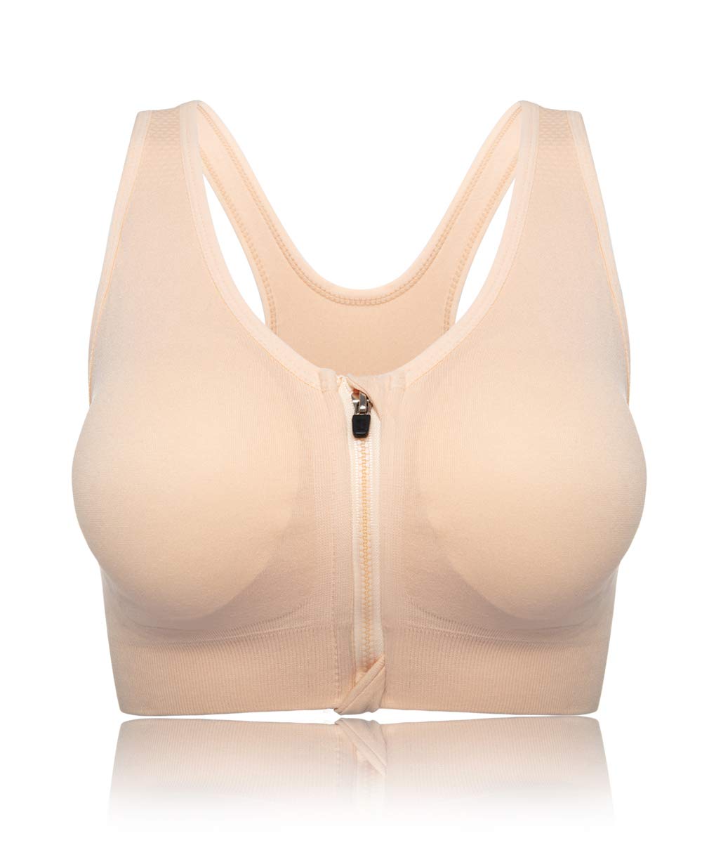 Womens Zip Front Sports Bra Wireless Post-Surgery Bra Padded Strappy Medium Support Yoga Exercise Athletic Bras Beige