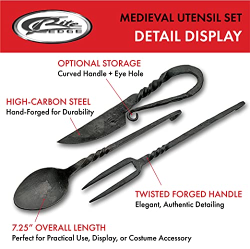 SZCO Medieval Feasting Utensil Set 3-Piece Hand-Forged Cutlery with Leather Pouch