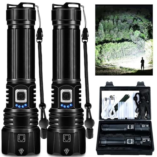 Rechargeable Flashlights High Lumens, 90,000 Lumen Super Bright Led Flashlight with USB Cable, 5 Modes Powerful Flashlight Waterproof Flash Light for Home Camping - 2 Pack