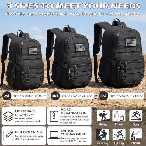 PRYXON 25L Military Tactical Backpack Molle Daypack Black – 3 Day Assault Pack