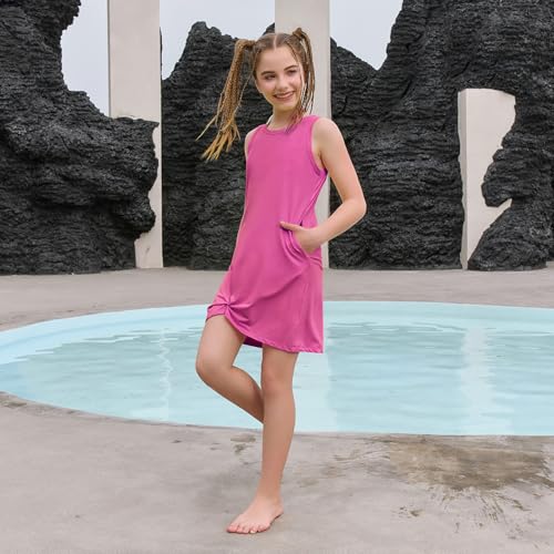 Girls Sleeveless Swim Cover Up Dress with Pockets - Rose Red, 6-7 Years