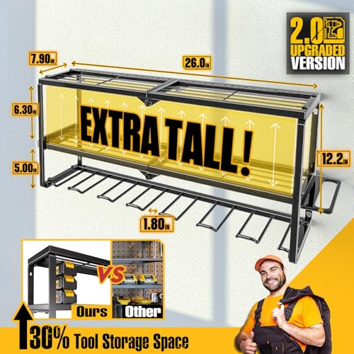 Power Tool Organizer for Tool Storage, Drill Holder Wall Mount with Screwdriver Organizer, Tool Holder for Garage Wall Organization, Heavy Duty Metal Tool Shelf with Battery Holder