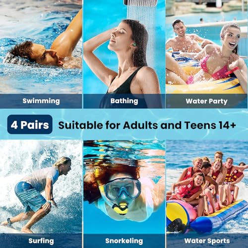 Swimming Ear Plugs - 4 Pairs Silicone Earplugs in Black, Blue, Yellow, Green