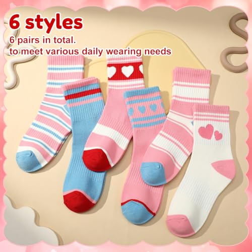 Girls Athletic Crew Socks - 6 Pairs, Ages 6-10, Blue Pink White