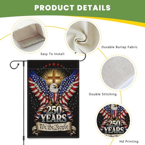 250th Anniversary Garden Flag - Double-Sided Patriotic Eagle & Cross Design - We the People, 18"L x 12"W