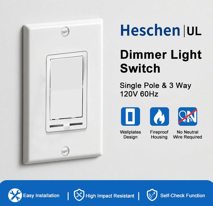 Heschen 1 Pack Dimmer Light Switch, Single Pole or 3-Way,150W Dimmable LED/CFL Lights, Halogen and Incandescent Bulbs 600W Max, AC120V, Cover Plate Included, White, UL Listed