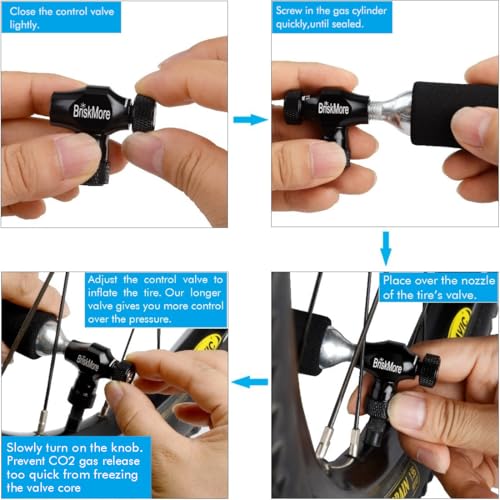 BriskMore CO2 Inflator Kit with 5 x 16g Cartridges for Bike Tires, Presta & Schrader Compatible