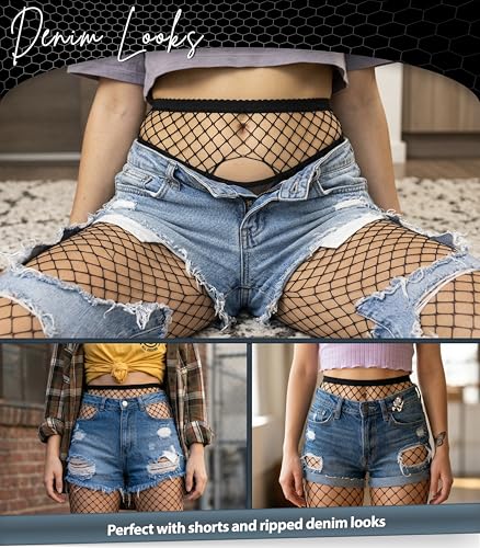 Black Fishnet Tights - High Waist Crotchless Pantyhose for Women