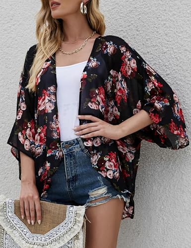 Floral Beach Cover Up Kimono Cardigan - Black, X-Large