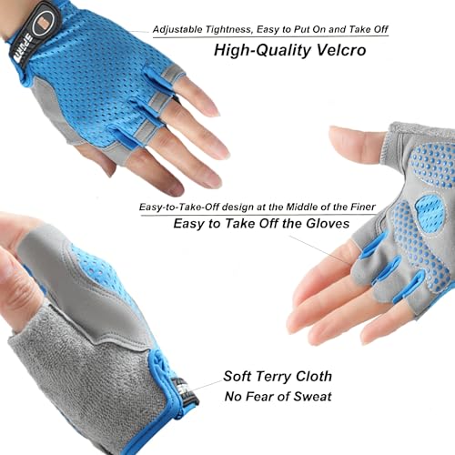 Kids Cycling Gloves - Fingerless, Non-Slip Padded - Blue L (9-12 Years)