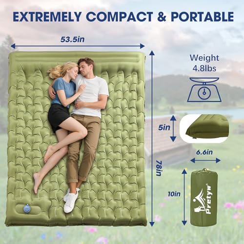 Double Camping Pad 5" Ultra-Thick with Pillow & Built-in Foot Pump