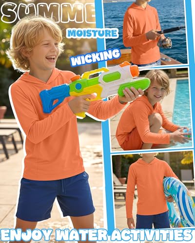 Boys Long Sleeve Rash Guard Hoodie UPF50+ - Orange, 5-6 Years